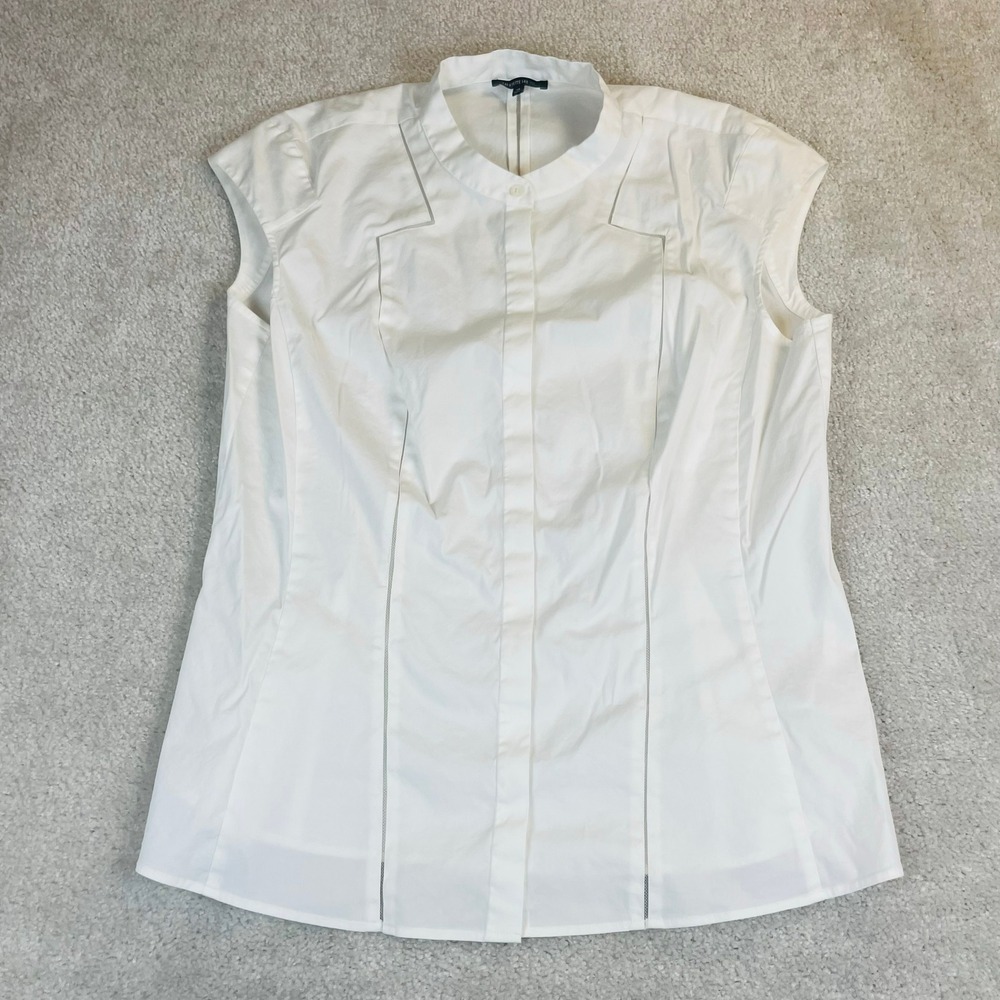 Lafayette 148 New York Womens 14 White Cotton Sleeveless Blouse Mandarin Collar